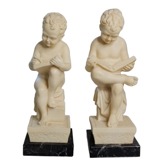 Gino Ruggeri Alabaster Marble Bookends Reading Boy & Writing Boy Italy Sculpture